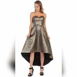 Gold Brocade Strapless High-Low Dress